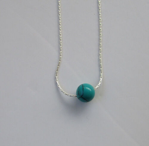 Turquoise Single Bead Necklace on Sterling Silver Chain 6mm Green Gemstone Charm 