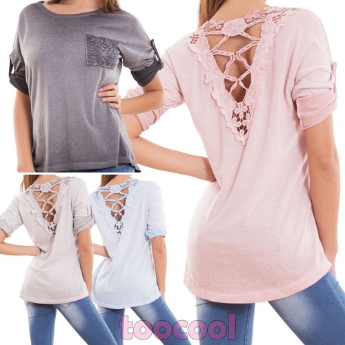 Maglia donna maglietta pizzo schiena maniche 3//4 bottone ampia nuova AS-10211