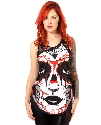 Liquor Brand Karma Loose Tank Top Gothic Skull Tattoo emo Day of the dead