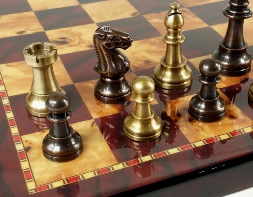 BRASS METAL Antique Bronze Color Staunton French Chess Set 18 Cherry Color Board