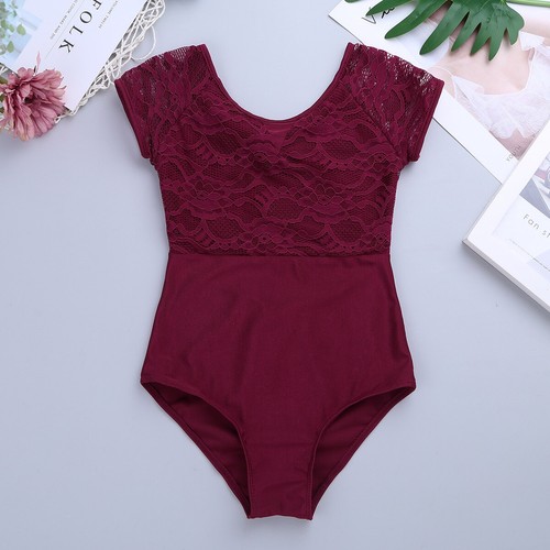 Polyester Child Ballerina Bodysuit Floral Lace Short Sleeve Ballet Leotard Dress