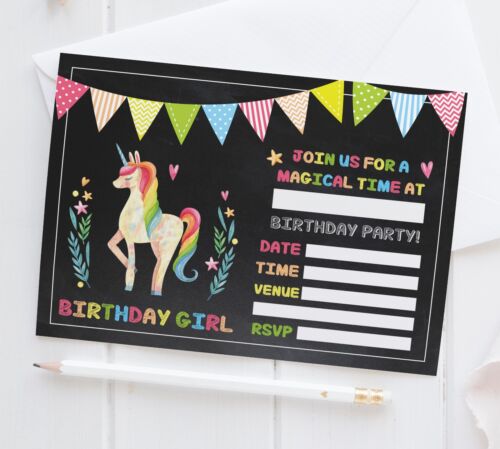 Paquete De Niños 10 X Unicornio invitaciones de fiesta de cumpleaños invita a Niña Niños