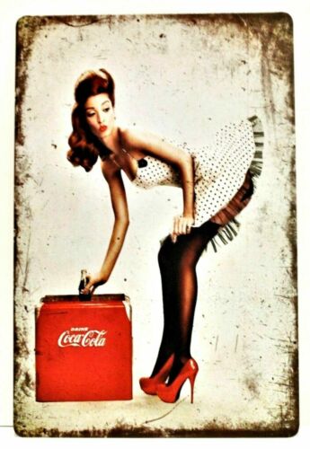 New Coca Cola Coke Tin Metal Sign Rustic Vintage Pinup Girl Ad Style Diner Soda 