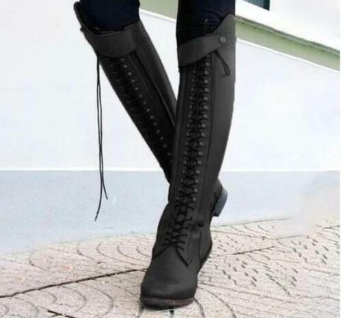 Women's Boots Knee High Lace Up Stacked Heels Tall Riding Chivalry Boots Fashion 
