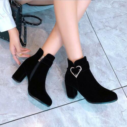 Details about   Womens Fashion Round Toe Metal Decor Faux Suede Ankle Boots Pumps Mid Heels Size 