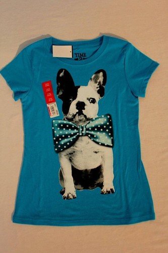 NEW Girls T-Shirt Small 6-6X Turquoise Frenchie Dog Bow Tie French Bulldog Top