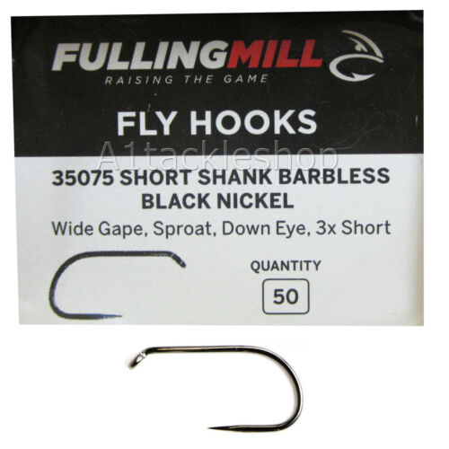 Fulling Mill 35075 Short Shank Black Nickel Barbless Fly Tying Trout Hooks