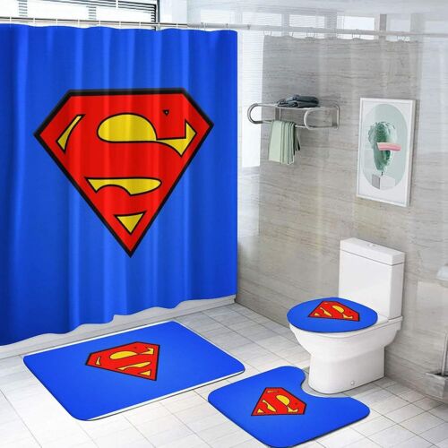 Superman Bathroom Rugs 4PCS Superhero Shower Curtain Bath Mat Toilet Lid Cover 