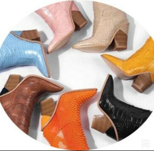 Western Womens Cowboy Pointy Toe Chunky Heel Chelsea Ankle Boots Big Size 34-45
