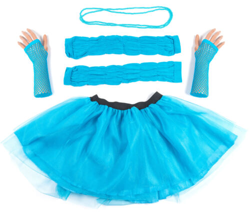Blue Neon UV Tutu Set Skirt Gloves Leg Warmers Necklace Womens 80s Fancy Dress