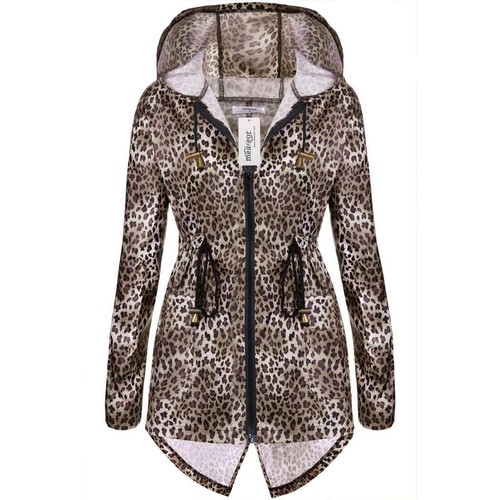Women Leopard Print Zip Waterproof Raincoat /& Polyester Parka Jacket Coat 02