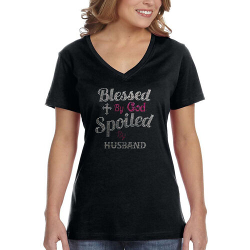 XtraFly Apparel Women/'s Blessed By God Pink Sequin Faith Jesus V-neck T-shirt