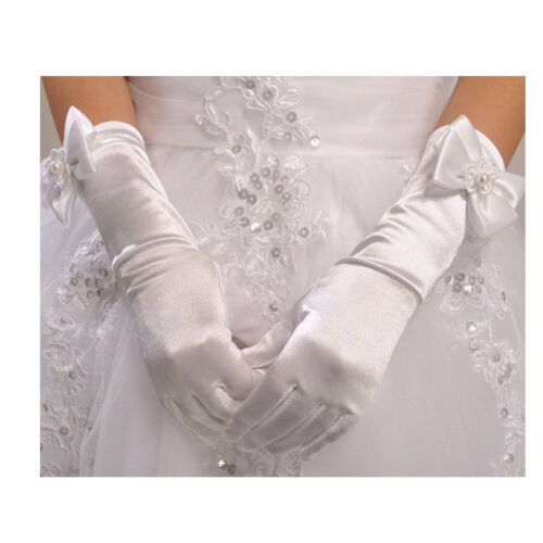 Kids Girl Bowknot Long Satin Wedding Princess Bridesmaid Gloves Party Prom 4-14Y