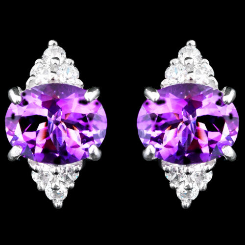 100/% NATURAL 11X9MM AFRICAN AMETHYST GEM /& WHITE CZ STERLING SILVER 925 EARRING