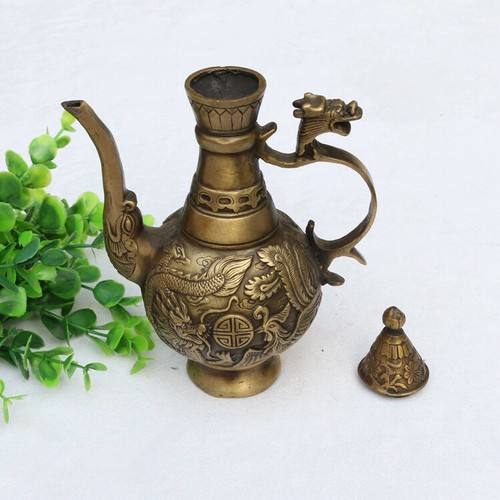 Chinese old brass hand-carved dragon phoenix statue teapot wine pot