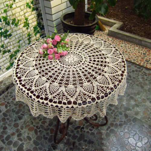 31inch Round Hand Crochet Tablecloth Ecru Vintage Lace Table Cloth Floral Doily