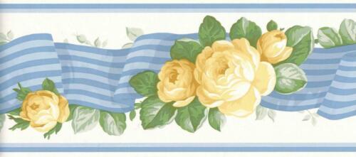 Yellow Roses Bouquet on Sky Blue Stripe Ribbon Floral Leaf Rose Wallpaper Border