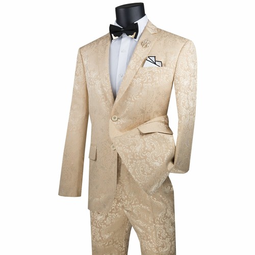 VINCI Men/'s Beige Textured Tonal Paisley 2 Button Slim Fit Suit NEW