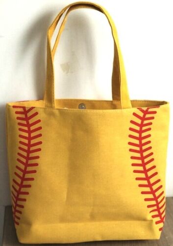 Yellow Softball Theme Stitch Tote Shopping Bag Mom Purse Carrier Lined Beach NIB 
