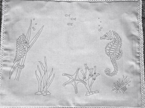 Ready to embroider Tray Cloth Seahorse Design 100/% cotton with Lace edge CSOO78