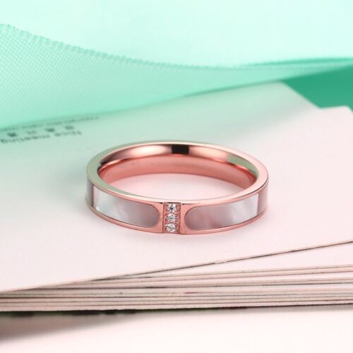 Women's AAA White Shell Cz Rose Gold Band Stainless Steel Wedding Rings Size 6-8 