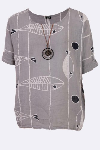 New Ladies Italian Cotton Lagenlook Fish Print Necklace Top M XL Plus Size L