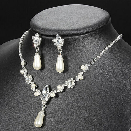 Wedding Faux Pearls Rhinestone Necklace Water Drop Earring Jewelry Set Pip