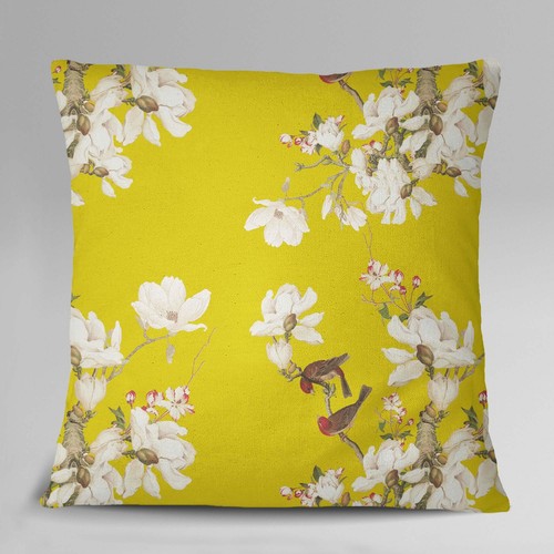 Mustard Yellow Floral /& Bird Pillow Case Cotton Poplin 1 Pair Square Cushion