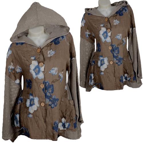 DAMEN SOMMER LEINEN KAPUZE JACKE TUNIKA 42 44 46 48 50 L XL XXL MANTEL STRAND