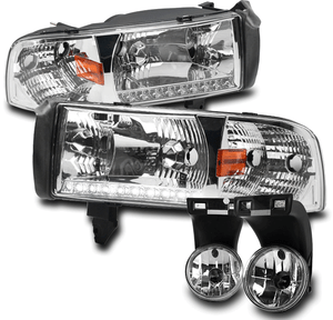 94-01 DODGE RAM DRL LED CHROME CRYSTAL HEAD LIGHTS LAMPS W//BUMPER FOG LEFT+RIGHT