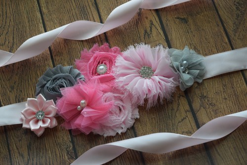 flower Belt maternity sash Flower Sash,pink grey sash