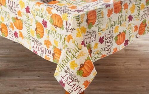 Fall Harvest Typography Pumpkin PEVA Tablecloth 52 x 90 Oblong Autumn Leaf Decor