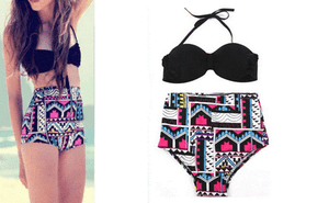 Retro Push up Padded Women High Waist Bikini Set Black Top Swimsuit Swimwear