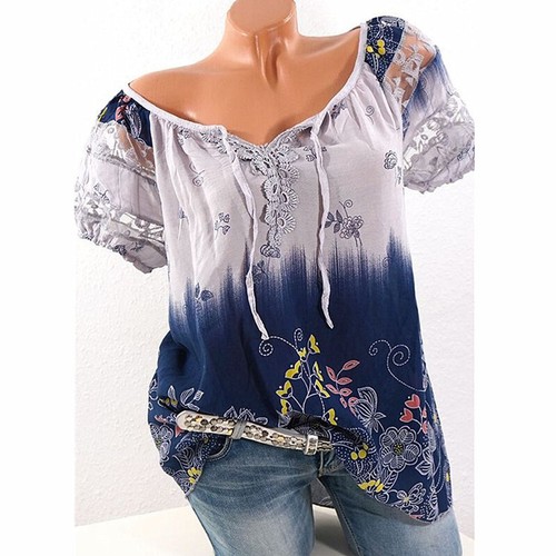 Damen Bluse T Shirts Lose Sommer Kurzarm Blumendruck Dame Tops Plus Größe S-5XL