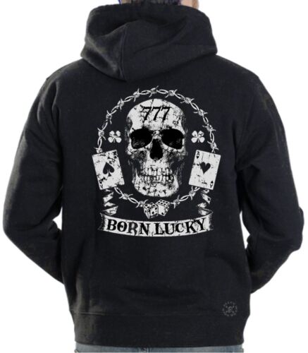 BORN LUCKY Hooded Sweat Shirt ~ 777 Skull Hoodie ~ Ace of Spades 4 Leaf Clover