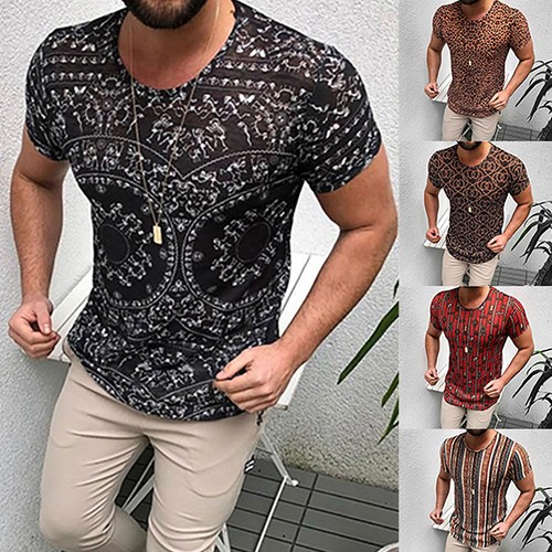Fashion Mens Leopard Short Sleeve T-Shirt Slim Shirts Summer Casual Tops Blouse