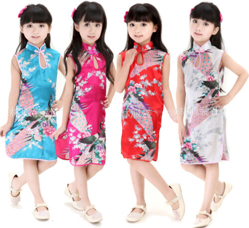 asian chinese pakistani Girls dress 1-13 yrs PEACOK Silk Cheongam dance dress,UK
