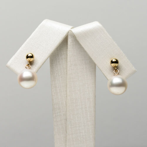 AAA White Real Japanese Akoya Pearl Drop Dangle Earrings Solid 14k Yellow Gold