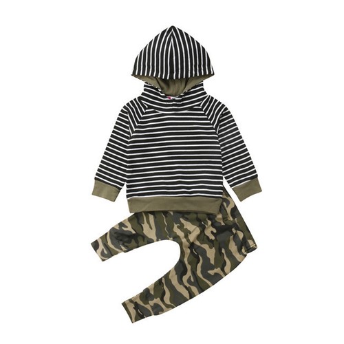 Toddler Kids Baby Boy Clothes Hooded Stripe Top T Shirt Camouflage Pants Outfits