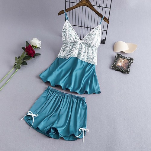 Women Satin Lace V-Neck Camisole Bowknot Shorts Set Sleepwear Pajamas Lingerie