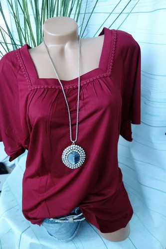 Sheego Damen Shirt Gr 48 bis 50 Kurzarm Weinrot Spitze NEU 567
