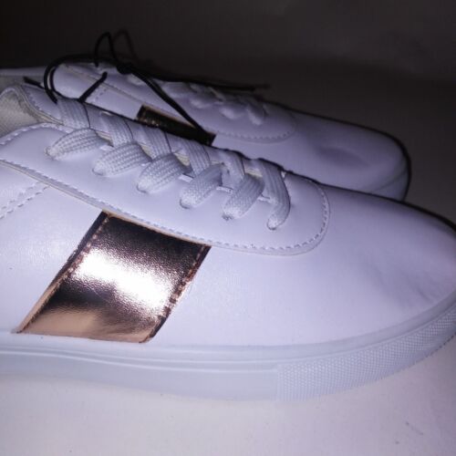 Womens Gold White Metallic Stripe Sneakers Faux Leather Lace up 