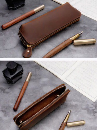Handmade Cowhide Leather Vintage Zipper Pen Pencil Case Stationery Storage Bag 