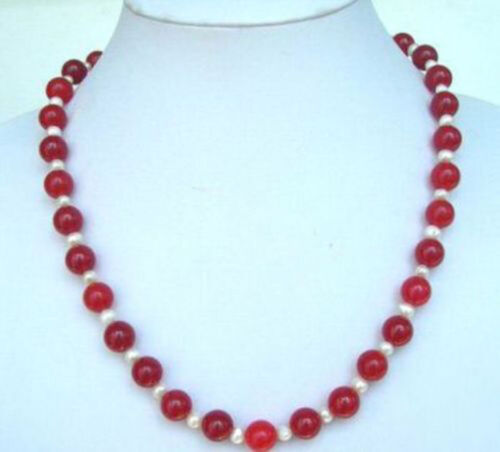 Beautiful Genuine 10mm Red Jade 7-8mm White Pearl Beads Necklace 18'' 