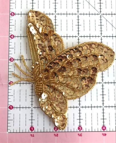Gold Flying Butterfly Beaded Sequined Sew-On Sewing Applique Craft Patch Vintage 