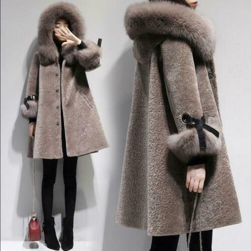 Women‘s Faux Shearling Lamb Fur Coat Fox Fur Hooded Winter Jacket Warm Outwear