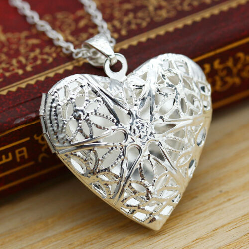 Women/'s Amazing Silver Plated Locket Hollow Heart Photo Pendant Chain Necklace