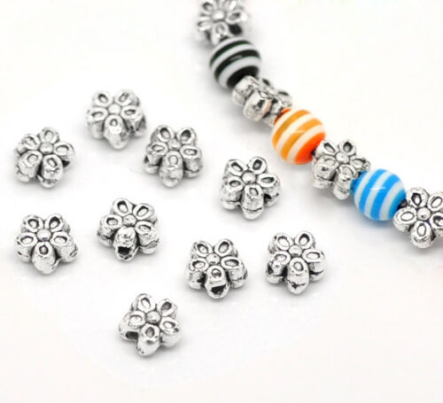 50PCS Wholesale Lots Silver Tone Flower Charms Spacers Beads 7mm GW 