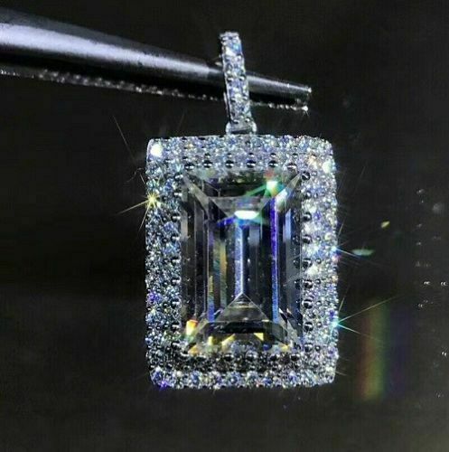 2.5Ct Emerald Diamond Halo Pendant W//18/" Free Chain 14k White Gold Over