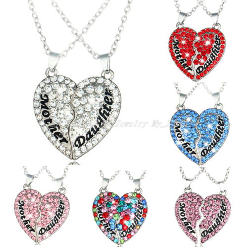 2PC Heart Mother Daughter Mom Girls Crystal Pendant Necklace Family Women Gifts 